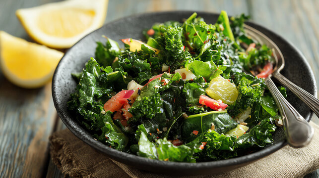A vibrant and fresh kale salad with colorful ingredients, perfect for healthy eating and vibrant meals. Enjoy a nutritious lifestyle.
