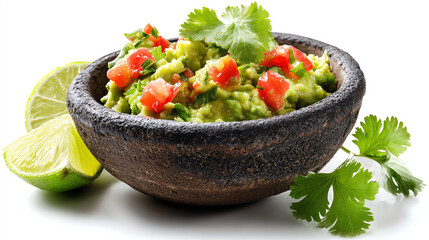 A vibrant bowl of fresh guacamole garnished with cilantro and diced tomatoes, paired with lime slices for a zesty flavor.