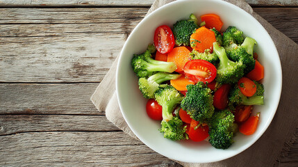 A vibrant bowl of fresh vegetables including broccoli, tomatoes, and carrots on a rustic wooden table, promoting a healthy lifestyle.