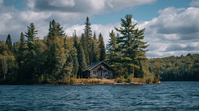 Tranquil Cabin by Lake Ontario in Algonquin Provincial Park Surrounded by Conifer Forest and Blue Skies