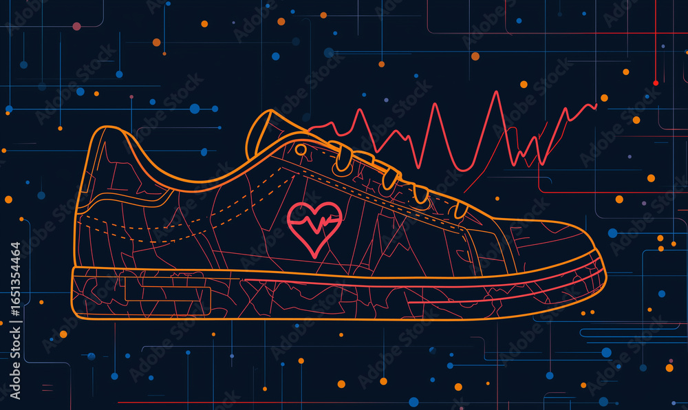 Poster a stylized illustration of a sneaker with a heart logo, set against a dark background with colorful 