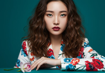 Stylized Fashion Portrait of Young Korean Woman with Green Eyes in Floral Jacket Against Teal Background