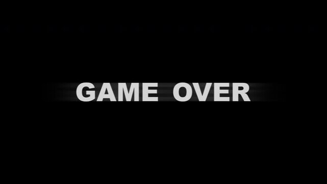 Game over on black screen signify defeat. Suitable for illustrating loss, failure, or ending themes in designs. Glitch effect