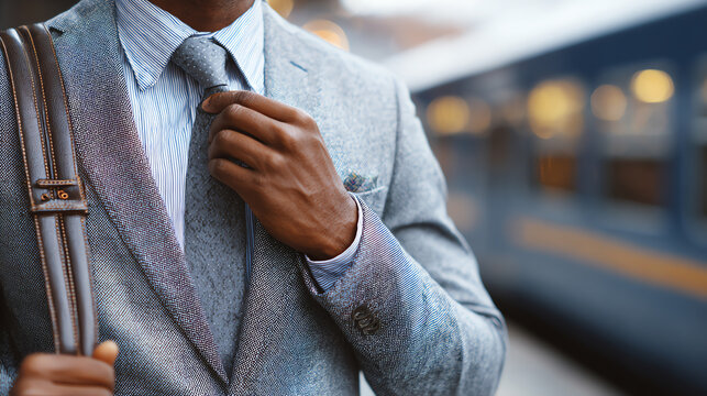 A well-dressed professional adjusting their tie at a train station, embodying confidence and readiness for the day.