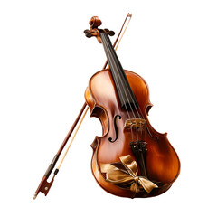 Fototapeta premium A beautifully crafted wooden violin with a bow resting against it isolated on transparent background