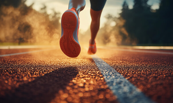 A dynamic runner's feet on a vibrant track at sunset, showcasing motion, energy, and athleticism in a dramatic, illuminated setting.