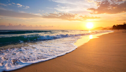 Obraz premium Golden Sunset Over Ocean Waves Crashing On Sandy Beach With Warm Light and Dramatic Sky