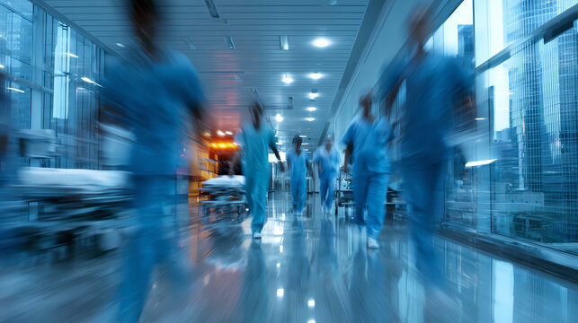 Busy hospital corridor with healthcare professionals in motion, highlighting the urgency and dynamics of medical environments.