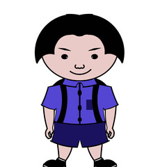 Nganjuk Indonesia August 17, 2025 Illustration of a child cartoon character wearing a blue uniform with split hair carrying a black backpack.
