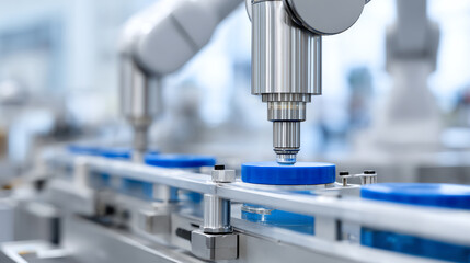 Close-up view of robotic arms expertly handling blue lids on a modern assembly line, showcasing automation in manufacturing processes.