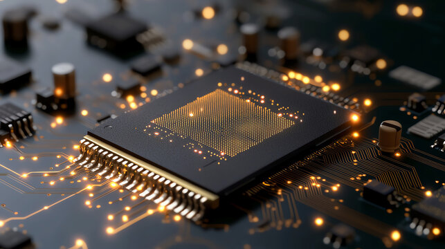Close-up view of a microprocessor on a circuit board, highlighting intricate details and glowing connections.