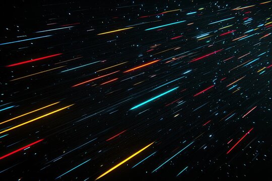 Abstract digital streaks of light on a dark background.  Colorful lines moving across a black space