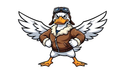 Cartoon Duck Aviator Mascot Illustration on White Background,angry duck with goggles 