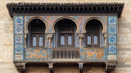 Ornate Moorish balcony with arched windows and tilework on a textured building