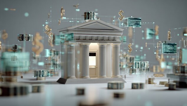 3D render of a bank building surrounded by digital currency