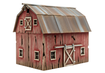 Rustic red wooden barn with peeling paint and weathered metal roof on black background
