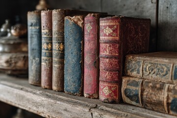 Naklejka premium Vintage Literature: A Collection of Antique Books on a Weathered Wooden Shelf
