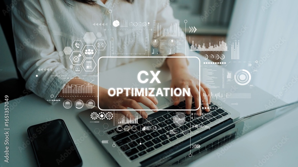 Poster hands of a business professional typing on a laptop with overlaid data graphics reflecting customer 