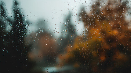 Macro shot of raindrops on a window with blurred autumn trees in the background, soft focus, feeling of gloom and coziness, glass texture with rain streaks, natural gloomy lighting, cinematic image
