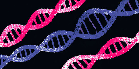 Colorful DNA strands graphic, vibrant double helix designs in blue, pink, and purple, suitable for science education and research.