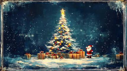 A festive scene featuring a glowing Christmas tree surrounded by gifts and a Santa figure under a starry night sky.