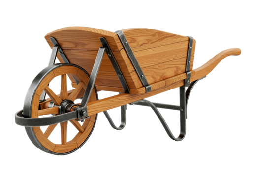 Rustic wooden wheelbarrow with metal frame and handles designed for gardening and outdoor tasks