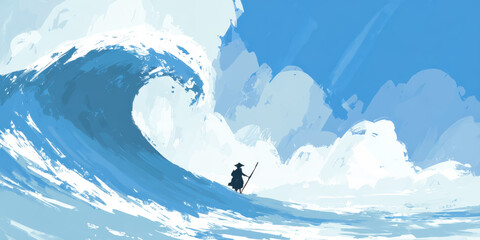 Surfer riding a massive wave, vibrant colors, dynamic ocean scene, perfect for sports promotion or adventure themes.