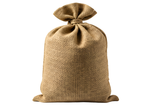 Sack of burlap or hessian fabric tied at the top with a knot on a black background