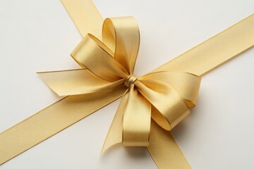 Elegant golden ribbon bow tied on a white background for gifts