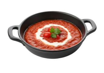 Served bowl of freshly prepared tomato soup garnished with cream and herbs on a dark background