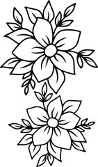 Freehand drawing of black and white flowers and leaves vector drawing for a coloring book design