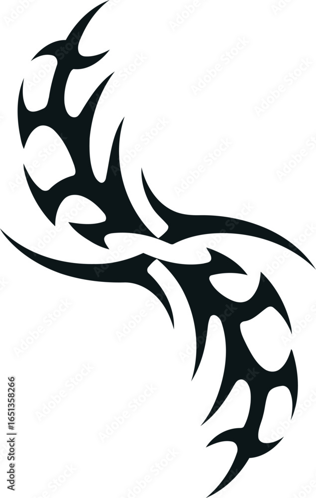 Poster tribal tattoo design of two spiraling shapes with smooth curves intertwined and flowing in a symmetr