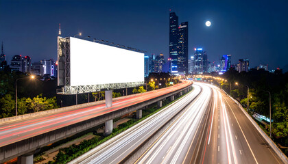 Fototapeta premium Illuminated Billboard Display Above Traffic Flow at Night in Urban Cityscape with Light Trails