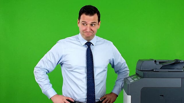 Man in light blue shirt and tie looking at a printer against a green screen in an office setting