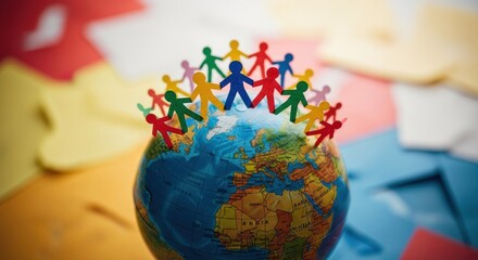 Paper people surround a globe on colorful paper