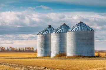 Shimmering Silver Silos in Expansive Rural Landscape Beneath a Clear Blue Sky
