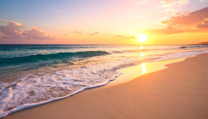 Obraz premium Golden Sunset Over Calm Ocean Waves Touching Sandy Beach with Orange Hues in Sky