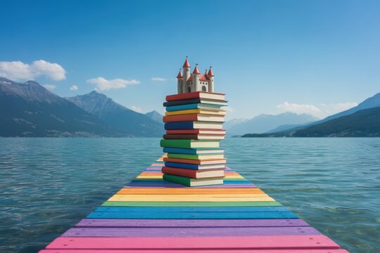 Colorful dock leads to stack of books on a serene lake with mountains