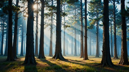 Morning light filters through a misty pine forest, casting a serene glow over the tranquil woodland scene