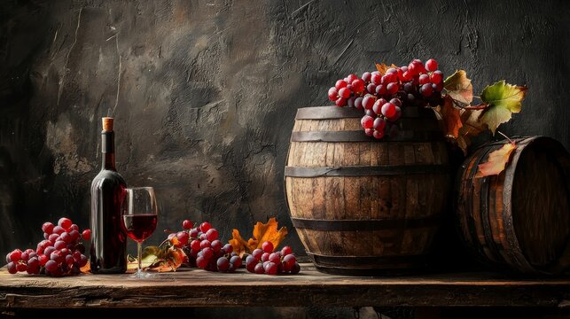Barrel and wine setup with grapes and bottle for vineyard rustic photography product branding culinary food drink vintage composition scene