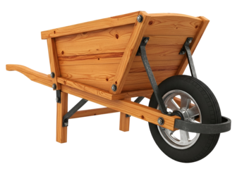 Sturdy wooden wheelbarrow with metal frame and black rubber tire for gardening and construction