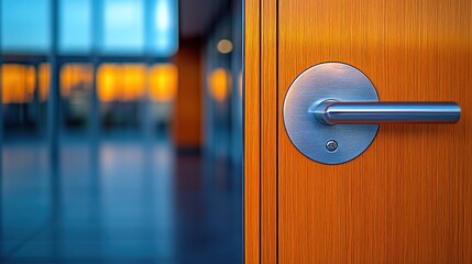 Polished metal handle on wooden door, blurred office hallway