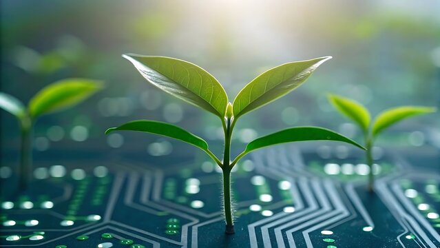 Green seedling growing on the converging point of computer circuit board, depicting the concept of technological convergence with nature and sustainable energy for the future