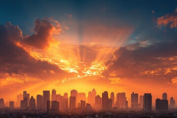 Fototapeta premium Thanksgiving Skyline: Inspiring Perspective of a Vibrant City at Sunset with Skyscrapers on the Horizon