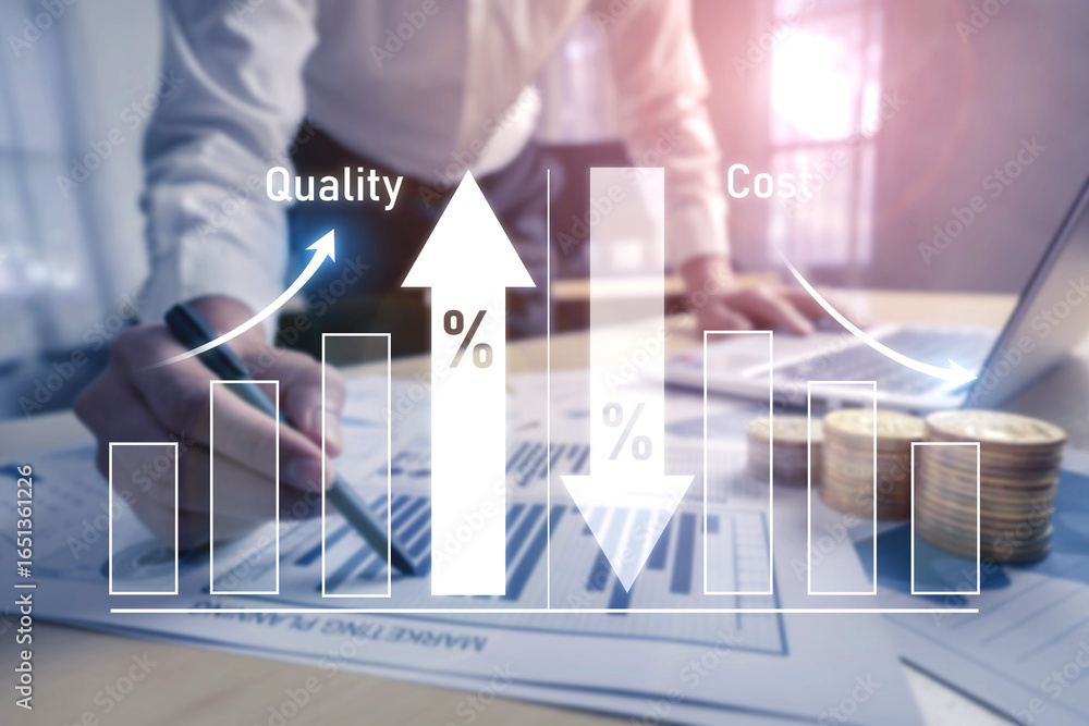 Aufkleber increase quality and reduce cost represent quality, cost, and performance optimization for business 