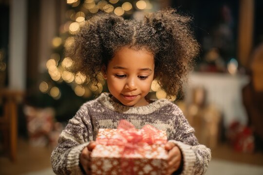 Joyful African American Child Unwrapping Gift Box on Festive Christmas Eve