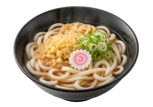 Traditional Japanese udon noodle soup with toppings including tempura and green onions in a black