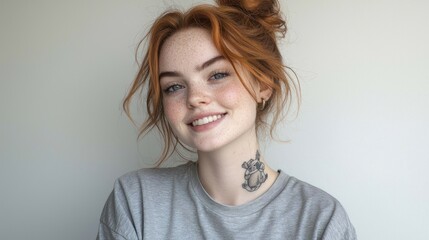 Redhead, freckled woman, smiling, hair in bun, tattoo on neck, grey shirt