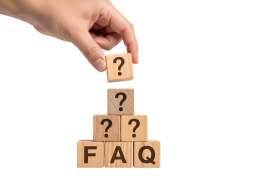 Hand Stacking Wooden Blocks with FAQ Text and Question Marks Cut Out PNG.