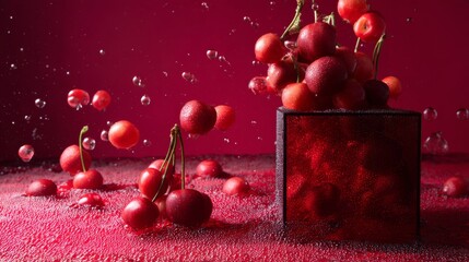 Red cherries with glass cube on glitter background for product photography dessert branding beauty cosmetics composition concept visuals setup